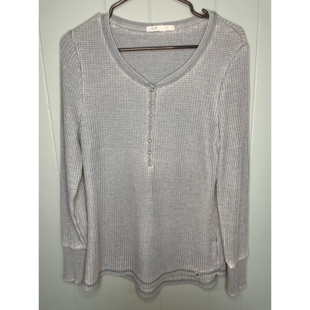 Seven7 Henley Top Womens Small Blue Excellent‎ Waffle Knit Long Sleeve Thermal